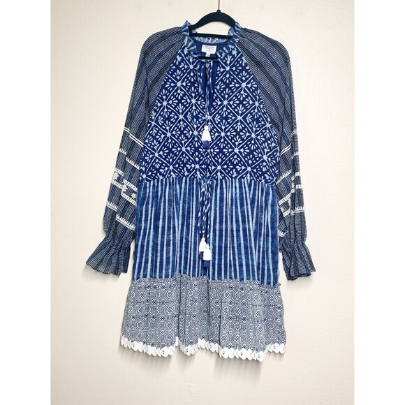 Hemant & Nandita Susan Indigo Mini Dress S Tie Dye Style Long Sleeve Blue Boho - Picture 2 of 7